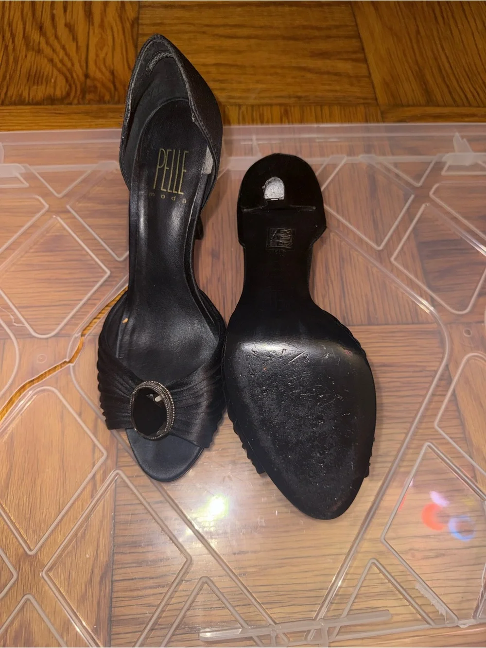 Pelle Moda Black Satin D'Orsay Peep-Toe Heels with Jewel Buckle